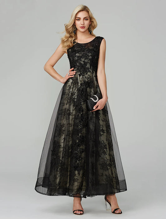 A-Line Open Back Dress Holiday Floor Length Sleeveless Jewel Neck Tulle with Appliques Evening Dresses