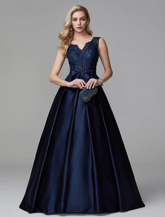 Ball Gown Peplum Quinceanera Formal Evening Dress V Neck Sleeveless Floor Length Lace with Bow(s)