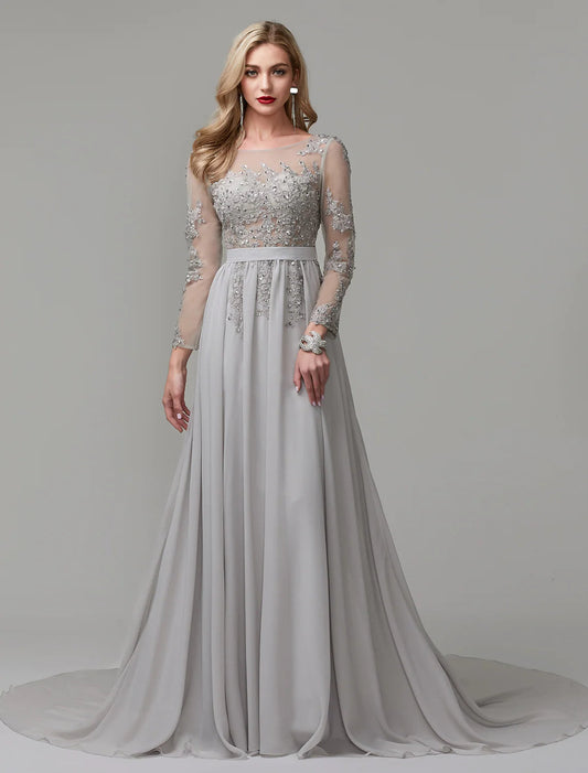 A-Line Luxurious Engagement Formal Evening Dress Illusion Neck V Back Low Back Long Sleeve Chapel Train Chiffon