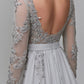 A-Line Luxurious Engagement Formal Evening Dress Illusion Neck V Back Low Back Long Sleeve Chapel Train Chiffon