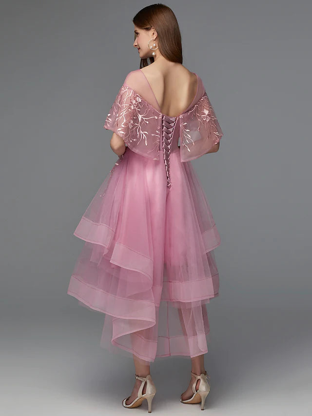 A-Line Elegant Dress Holiday Asymmetrical Sleeveless Illusion Neck Lace Tie Back with Lace