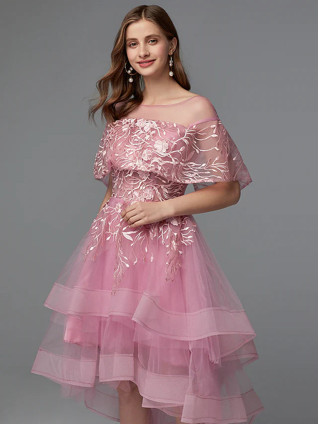 A-Line Elegant Dress Holiday Asymmetrical Sleeveless Illusion Neck Lace Tie Back with Lace