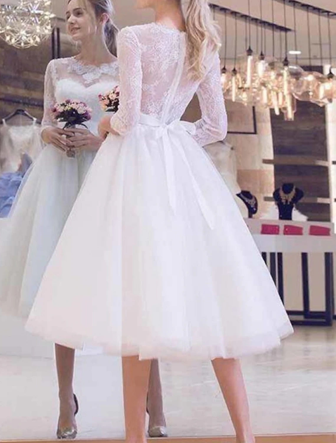 Bridal Shower Vintage Simple Wedding Dresses A-Line Scoop Neck Half Sleeve Knee Length Tulle Bridal Gowns