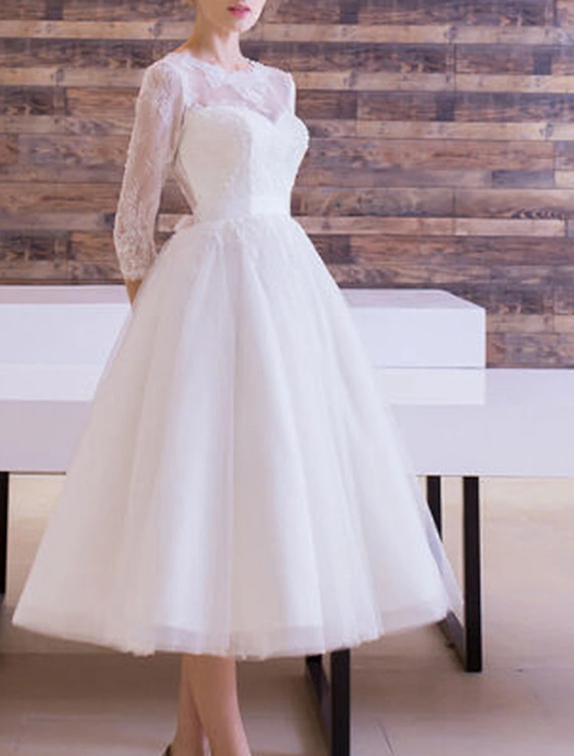 Bridal Shower Vintage Simple Wedding Dresses A-Line Scoop Neck Half Sleeve Knee Length Tulle Bridal Gowns