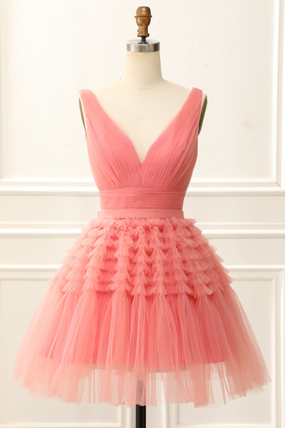 A Line Tulle V-Neck Homecoming Dress With Ruffles Pure Color