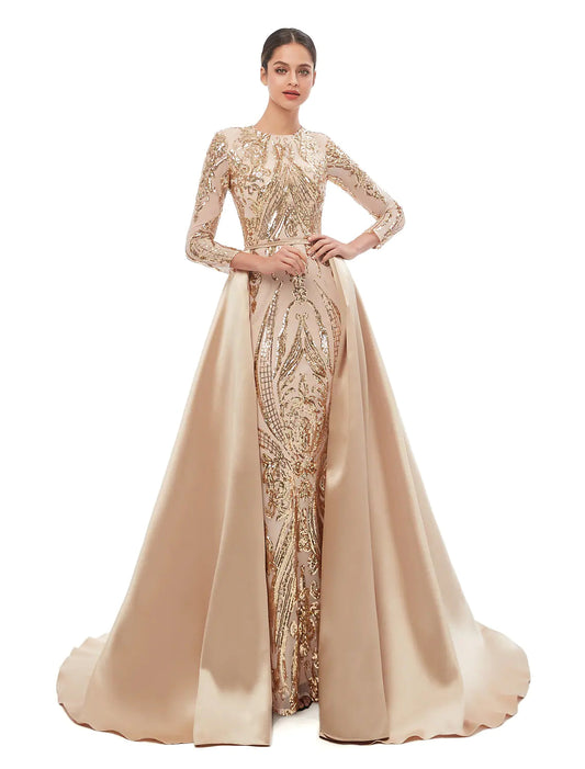 Mermaid / Trumpet Elegant Vintage Prom Formal Evening Dress Jewel Neck Long Sleeve Detachable Sequined
