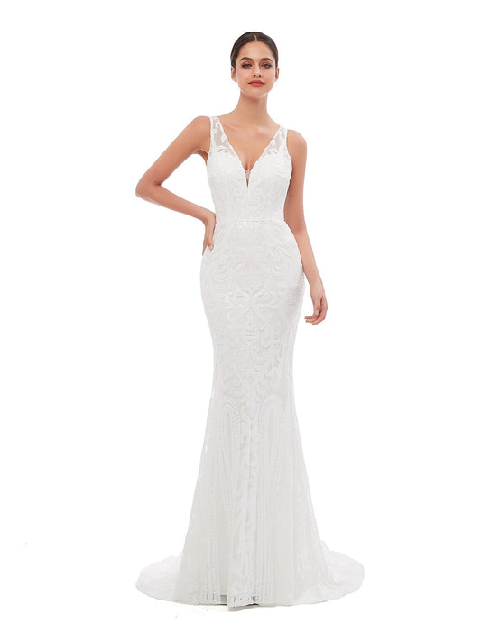 Mermaid / Trumpet Evening Gown Celebrity Style Dress Engagement Court Train Sleeveless V Neck Sequined with Sequin
