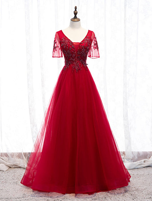 A-Line Prom Dresses Luxurious Dress Wedding Guest Formal Evening Floor Length Short Sleeve Spaghetti Strap Tulle