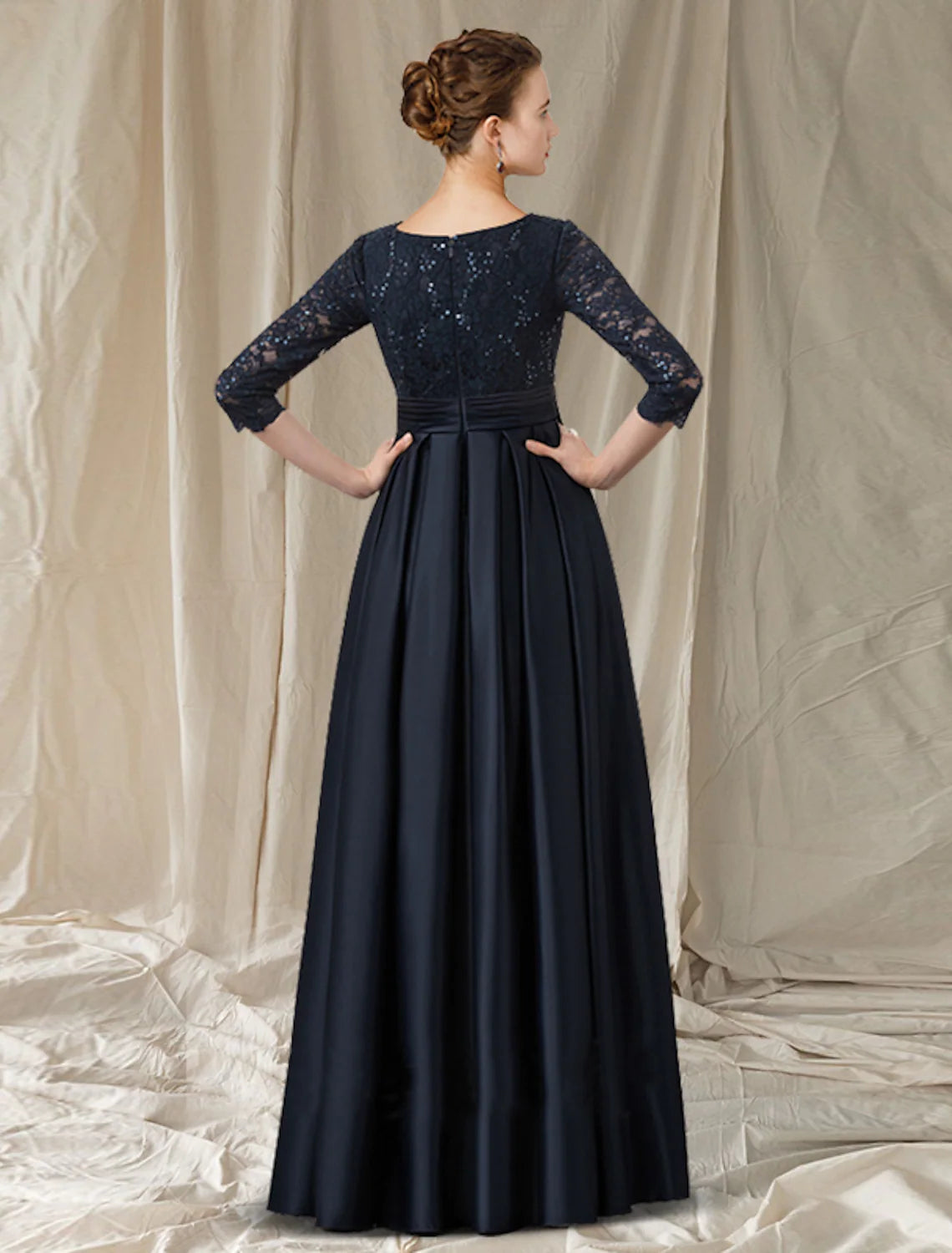 A-Line Cut Out Elegant Engagement Formal Evening Dress V Neck Long Sleeve Floor Length Lace with Bow(s)