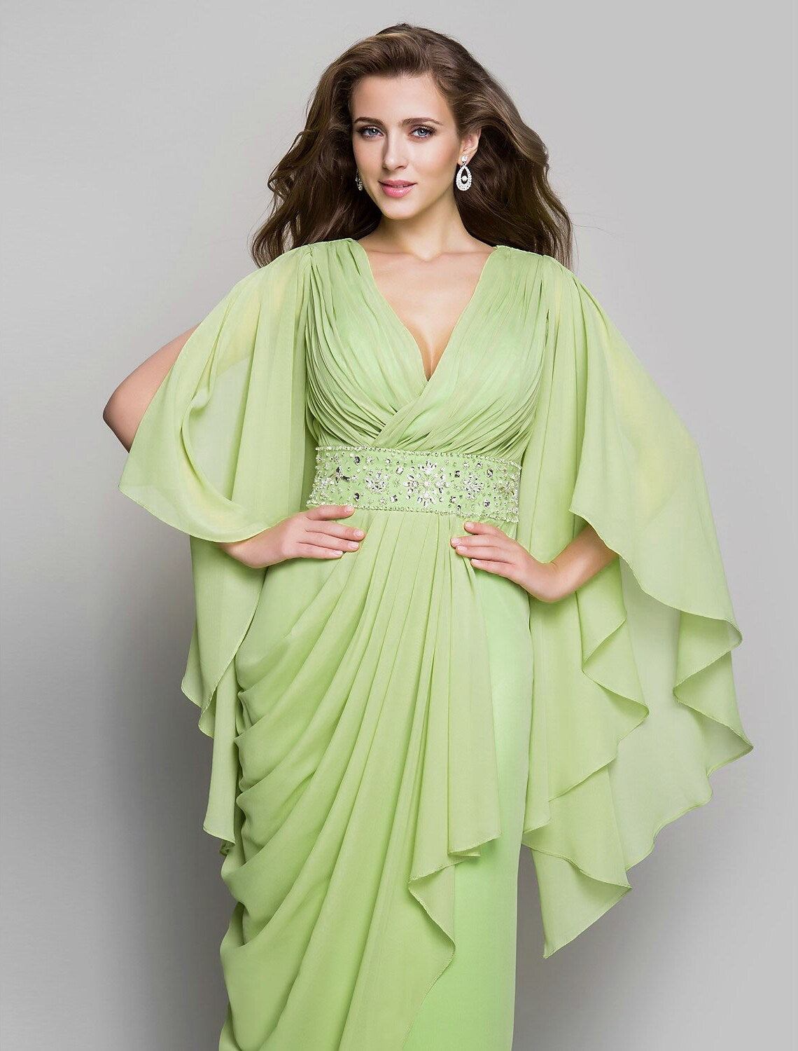 Sheath / Column Elegant Dress Wedding Guest Floor Length Long Sleeve V Neck Chiffon V Back with Crystals Side