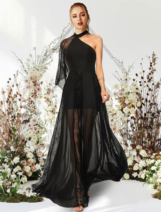 A-Line Evening Gown Empire Dress Wedding Guest Floor Length Half Sleeve One Shoulder Lace