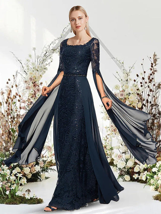 Sheath / Column Evening Gown Empire Dress Wedding Guest Floor Length Short Sleeve Jewel Neck Chiffon
