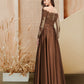 A-Line Evening Gown Glittering Dress Engagement Floor Length Long Sleeve Off Shoulder Satin with Sequin Slit