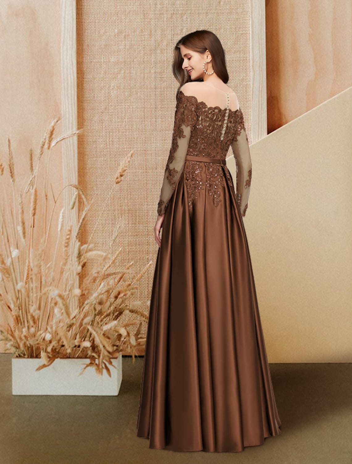 A-Line Evening Gown Glittering Dress Engagement Floor Length Long Sleeve Off Shoulder Satin with Sequin Slit