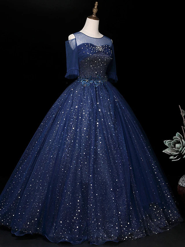 Ball Gown Sparkle Elegant Quinceanera Prom Dress Illusion Neck Half Sleeve Floor Length Tulle