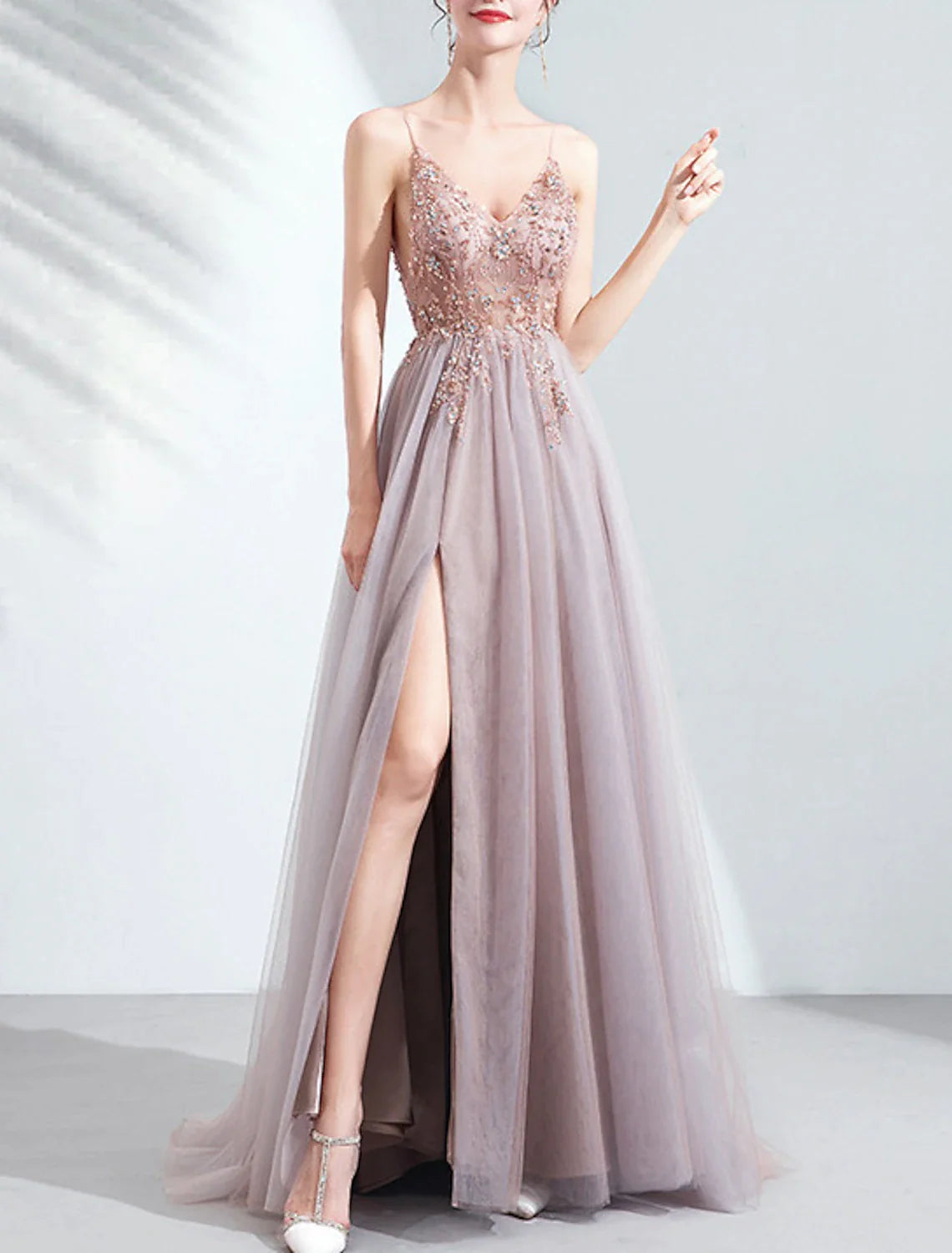 Pink dress bride wedding toast dress dinner annual meeting sling light yarn catwalk high slit Wedding Evening Dresses