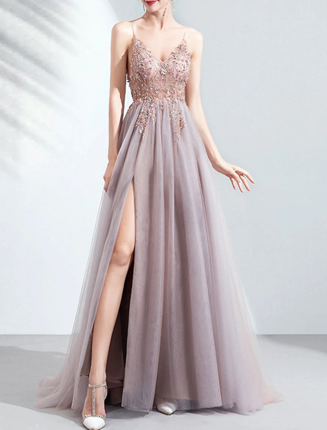 Pink dress bride wedding toast dress dinner annual meeting sling light yarn catwalk high slit Wedding Evening Dresses