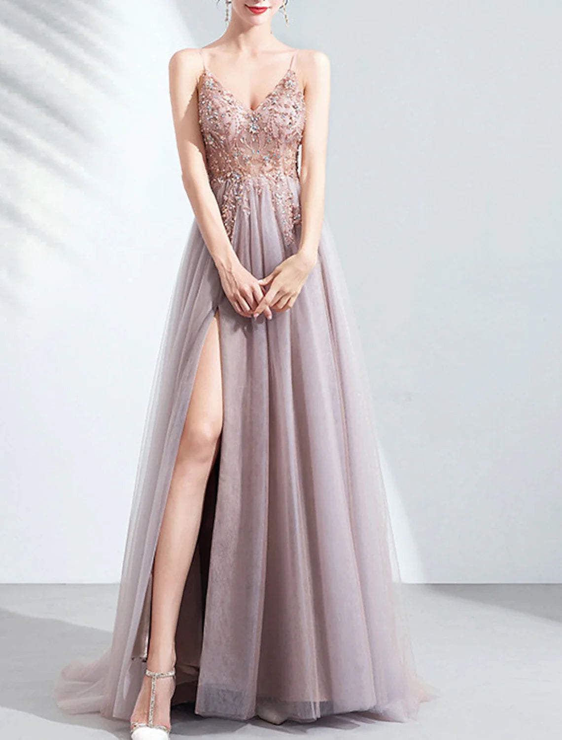 Pink dress bride wedding toast dress dinner annual meeting sling light yarn catwalk high slit Wedding Evening Dresses