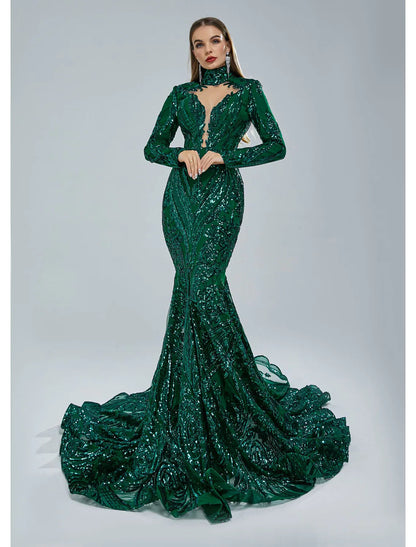 Mermaid / Trumpet Evening Gown Elegant Dress Engagement Court Train Long Sleeve Stand Collar Lace