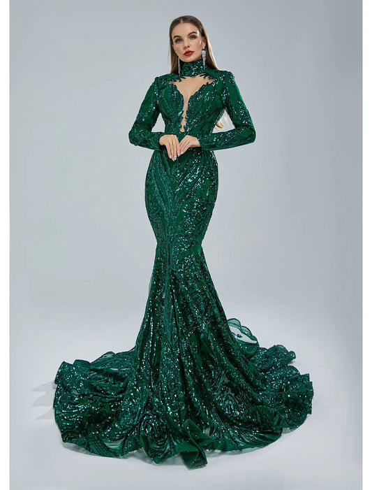 Mermaid / Trumpet Evening Gown Elegant Dress Engagement Court Train Long Sleeve Stand Collar Lace