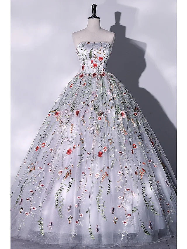 Ball Gown Evening Gown Elegant Dress Quinceanera Floor Length Sleeveless Strapless Lace With Flowers