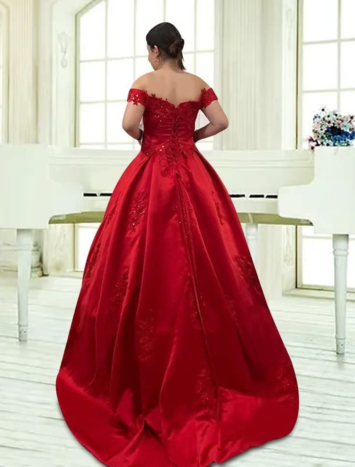 Ball Gown Luxurious Sexy Quinceanera Formal Evening Valentine's Day Dress Off Shoulder Short Sleeve Chapel Train Lace