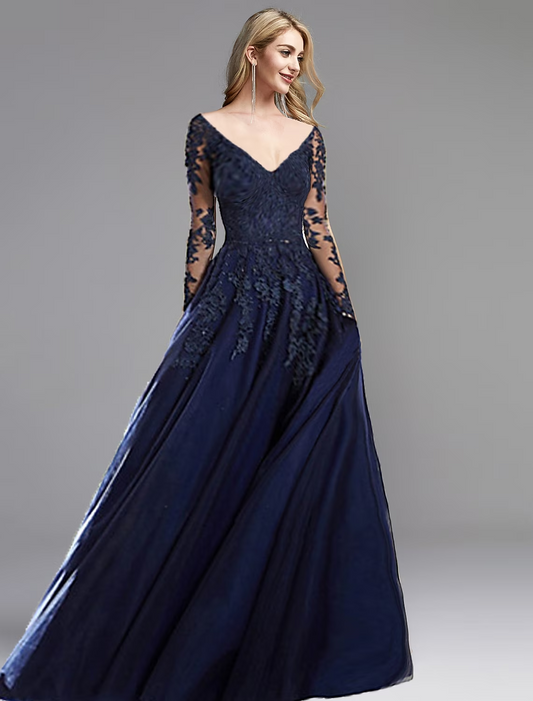 A-Line Evening Gown Open Back Dress Formal Evening Sweep / Brush Train Long Sleeve Plunging Neck Chiffon