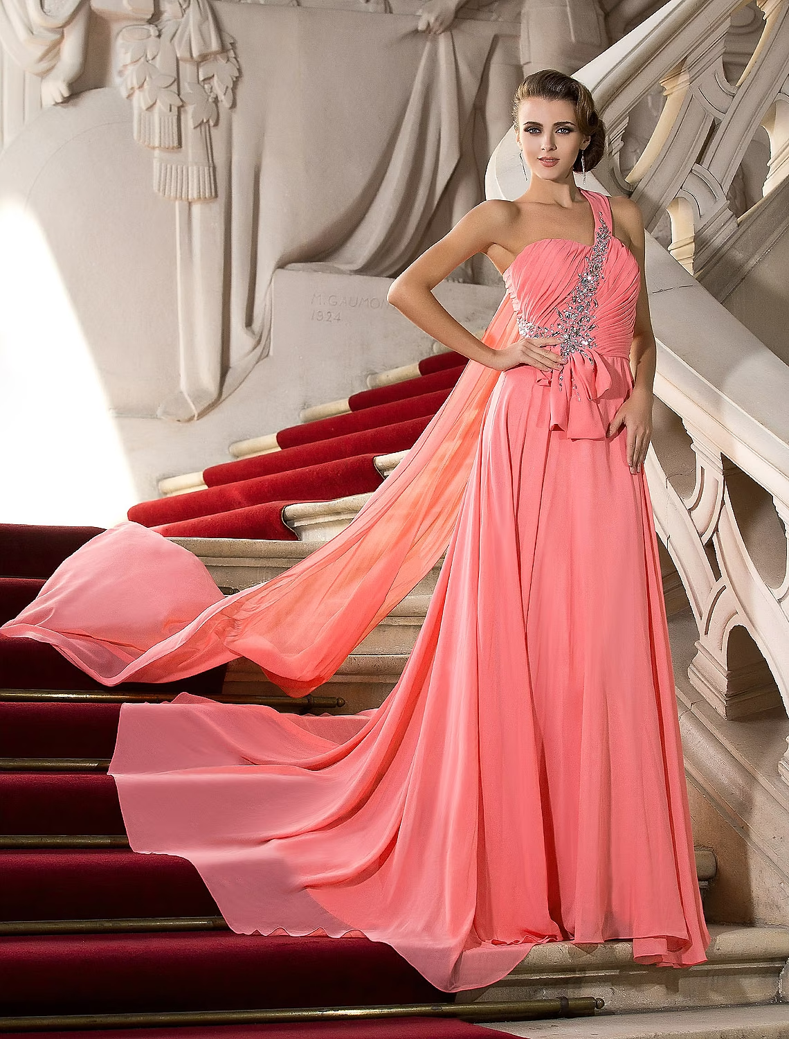 A-Line Elegant Dress Wedding Guest Court Train Sleeveless One Shoulder Chiffon with Crystals
