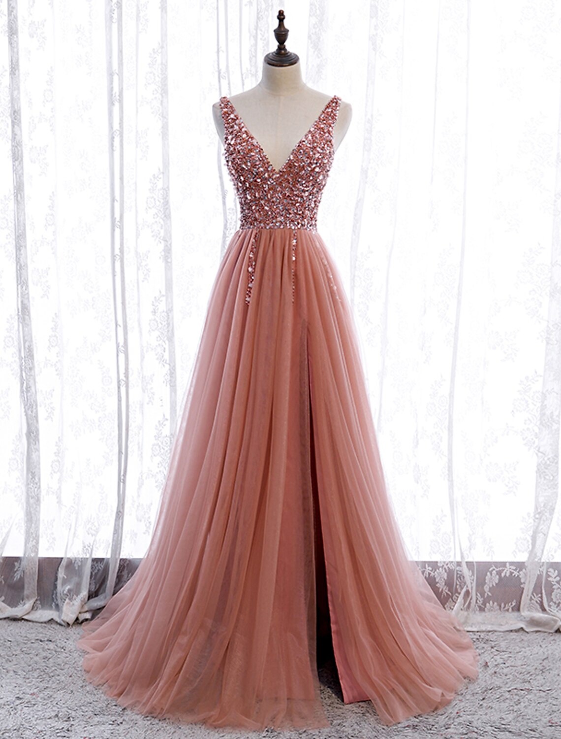 A-Line Prom Dresses Elegant Dress Wedding Guest Party Wear Court Train Sleeveless V Neck Polyester with Pearls