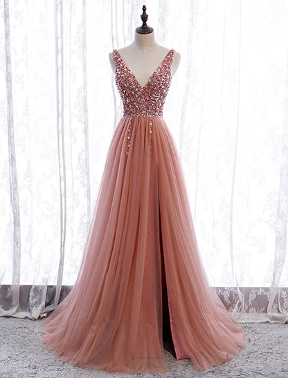 A-Line Prom Dresses Elegant Dress Wedding Guest Party Wear Court Train Sleeveless V Neck Polyester with Pearls