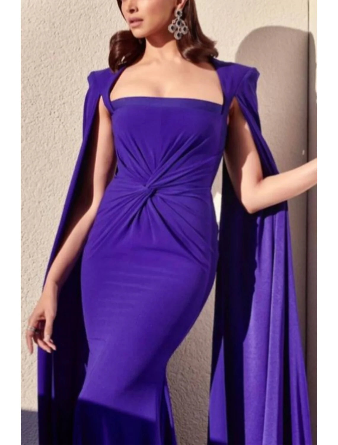 A-Line Evening Gown Elegant Cape Dress Sweep / Brush Train Sleeveless Square Neck Formal Wedding Guest Dress