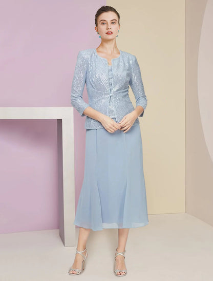 Two Piece A-Line Mother of the Bride Dress Wedding Guest Winter With Jacket 3/4 Sleeve Scoop Neck Tea Length Chiffon Sequined Pleats Sequin Solid Color