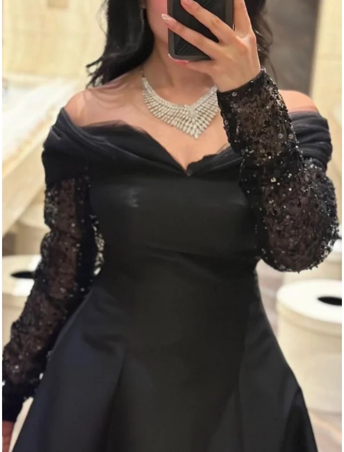 A-Line Evening Gown Elegant Black Dress Plus Size Dress Formal Floor Length Long Sleeve Off Shoulder Satin Party Dress