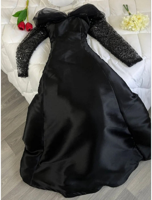 A-Line Evening Gown Elegant Black Dress Plus Size Dress Formal Floor Length Long Sleeve Off Shoulder Satin Party Dress