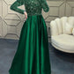 A-Line Evening Gown Sparkle Christmas Red Green Dress Wedding Guest Fall Floor Length Long Sleeve High Neck Satin