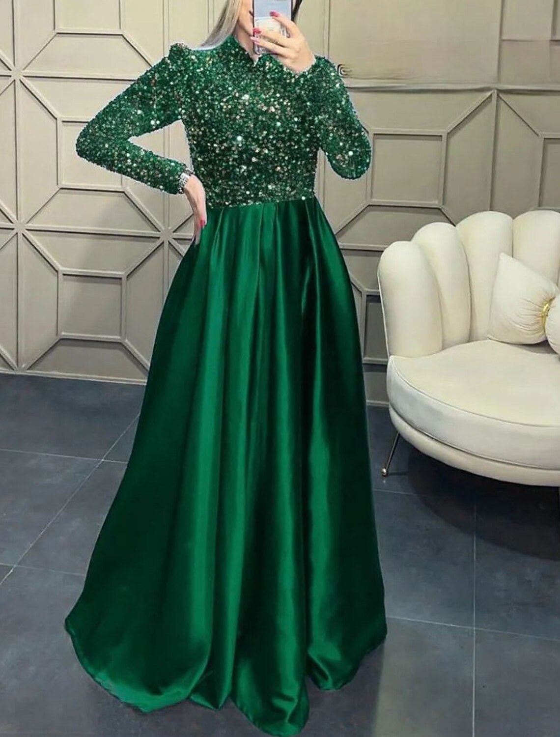 A-Line Evening Gown Sparkle Christmas Red Green Dress Wedding Guest Fall Floor Length Long Sleeve High Neck Satin