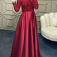 A-Line Evening Gown Sparkle Christmas Red Green Dress Wedding Guest Fall Floor Length Long Sleeve High Neck Satin