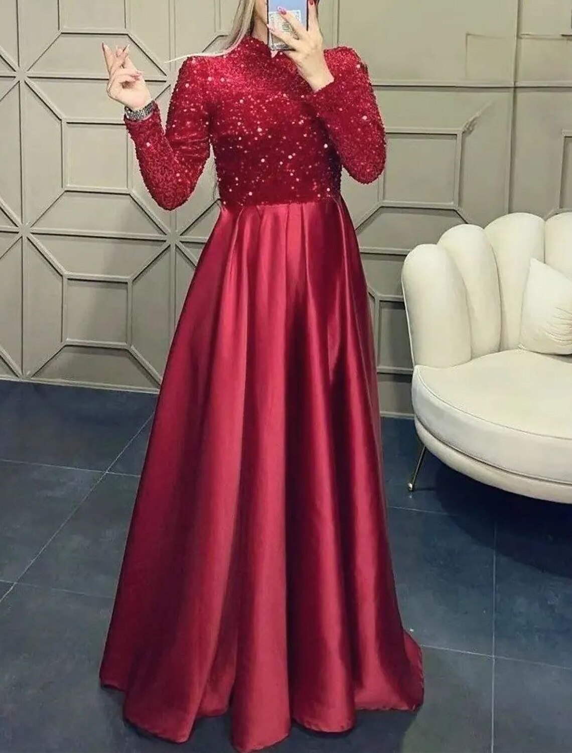 A-Line Evening Gown Sparkle Christmas Red Green Dress Wedding Guest Fall Floor Length Long Sleeve High Neck Satin