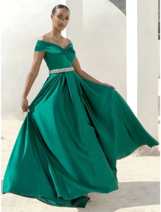 A-Line Evening Gown Elegant Dress Formal Sweep / Brush Train Christmas Red Green Dress Sleeveless Off Shoulder Satin