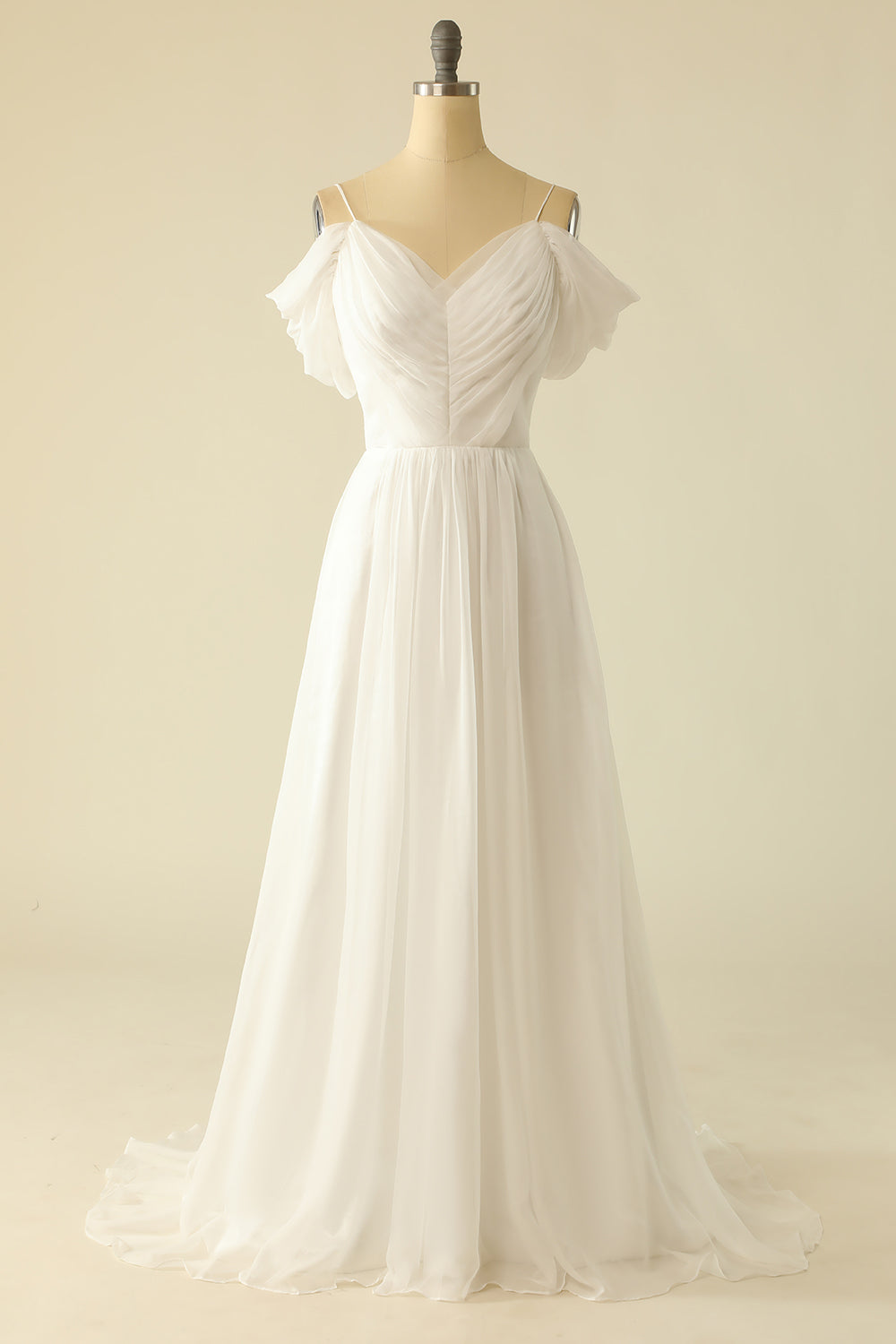 White A Line Off the Shoulder Tulle Floor-Length Wedding Dress Pure Color