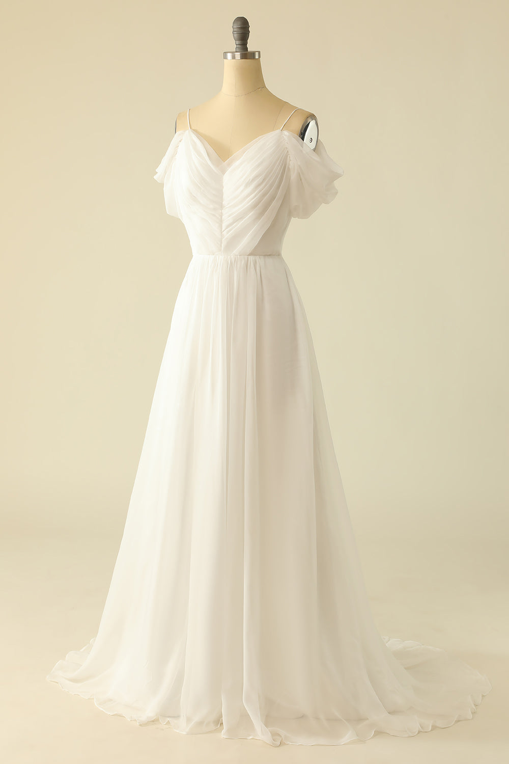 White A Line Off the Shoulder Tulle Floor-Length Wedding Dress Pure Color