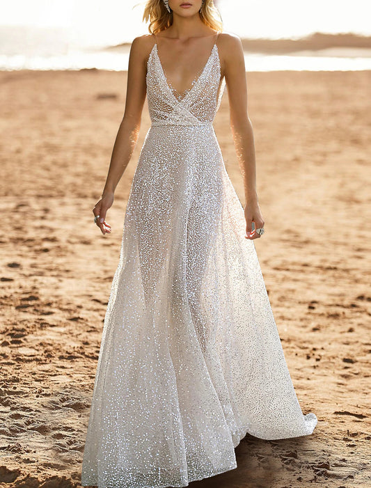 Beach Open Back Casual Wedding Dresses A-Line Camisole V Neck Sleeveless Sweep / Brush Train Sequined Bridal Gowns