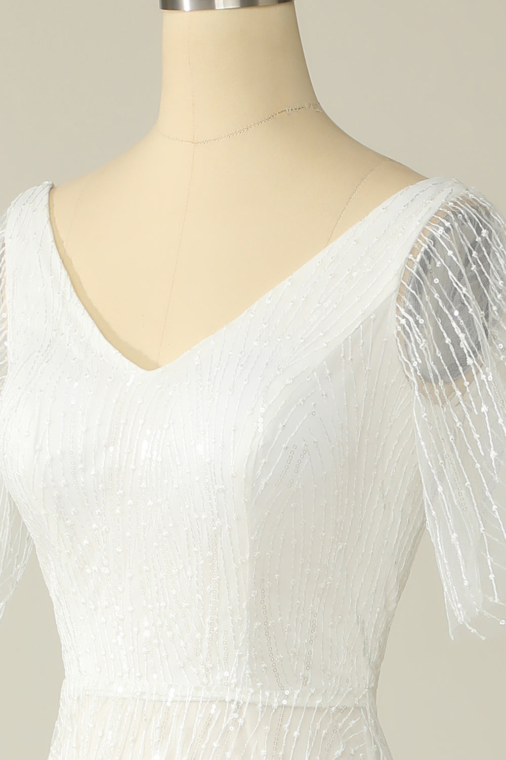 White Mermaid V Neck Long Lace Floor-Length Wedding Dress With Short Sleeved
