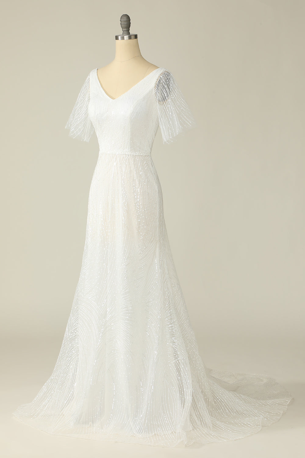 White Mermaid V Neck Long Lace Floor-Length Wedding Dress With Short Sleeved