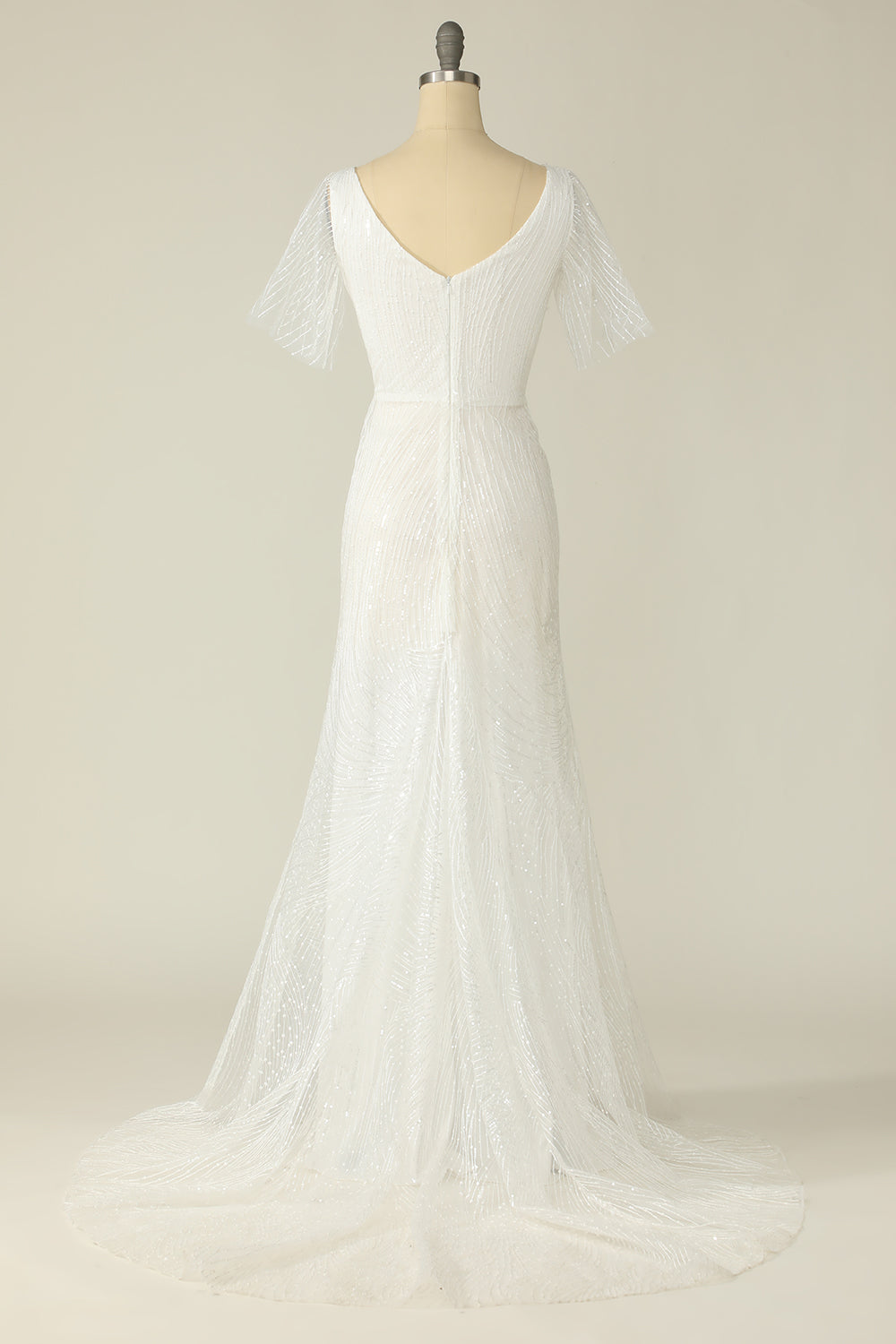 White Mermaid V Neck Long Lace Floor-Length Wedding Dress With Short Sleeved