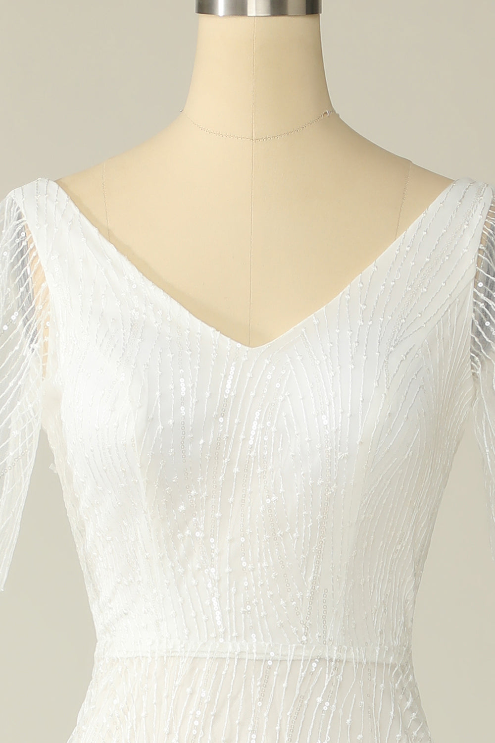 White Mermaid V Neck Long Lace Floor-Length Wedding Dress With Short Sleeved