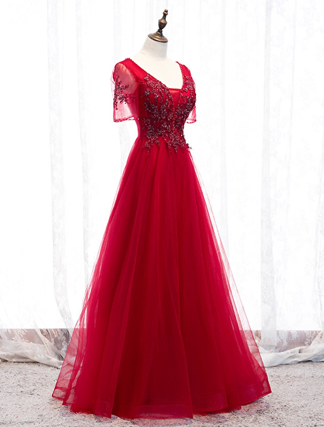 A-Line Prom Dresses Luxurious Dress Wedding Guest Formal Evening Floor Length Short Sleeve Spaghetti Strap Tulle