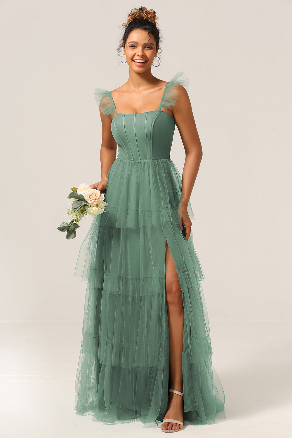 Eucalyptus A Line Spaghetti Straps Floor Length Tulle Bridesmaid Dress With Slit