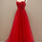 Red A Line Sweetheart Tulle Long Prom Dress with Beading Sparkly