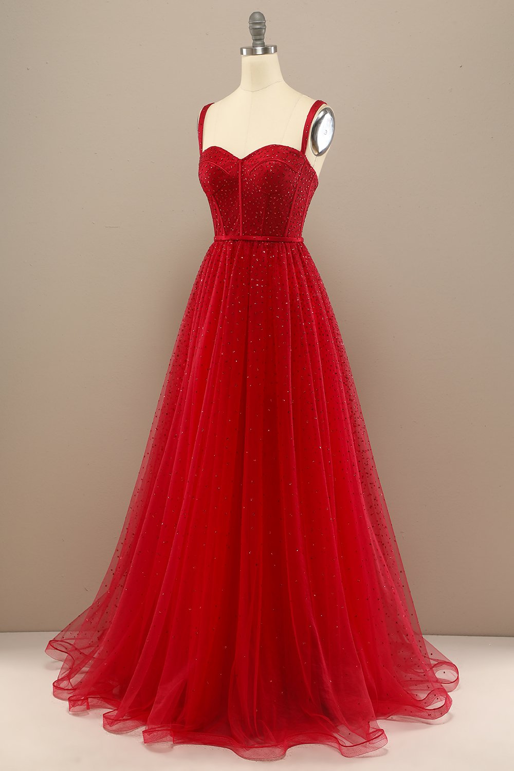 Red A Line Sweetheart Tulle Long Prom Dress with Beading Sparkly